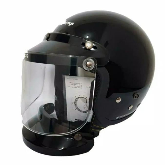 HELM CARGLOSS RETRO DAPAT KACA DATAR WARNA HITAM GLOSSY