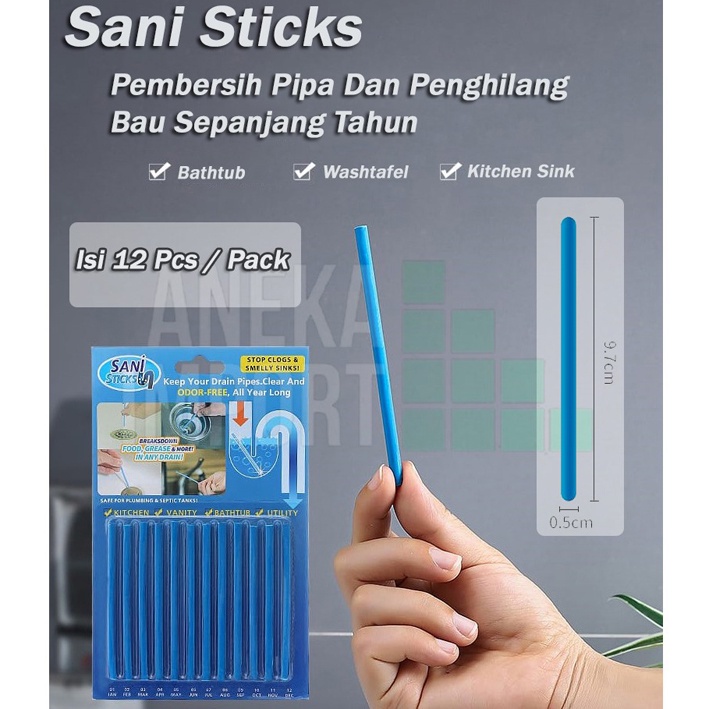 (SerbaSerbi)Alat Pembersih Saluran Air Mampet dan Penghilang Bau Sani Stick/ Pembersih Pipa Pembuangan Air-Per Pack Isi 12 Pcs