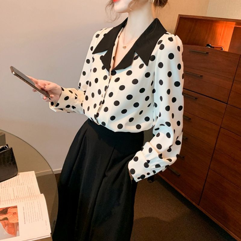 2160 / NOTCHED COLLAR SHIRT Atasan wanita Kemeja kerja wanita lengan panjang polkadot pakaian peremp