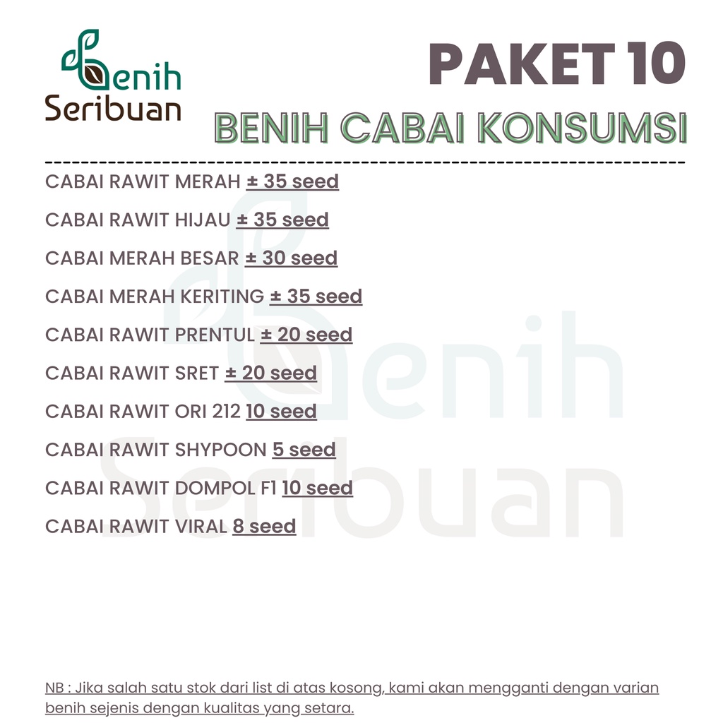 Benih Seribuan - Paket 10 Macam Bibit Cabe Konsumsi Sayuran Cabai Rawit Hibrida