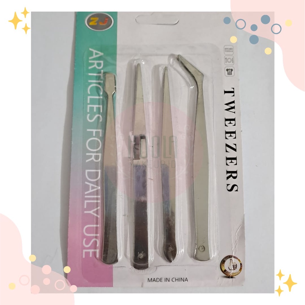 Pinset Stainless isi 4 Serbaguna 4pc Tweezer Set Kurva Lurus isi 4 Pinset Eyelash Silver