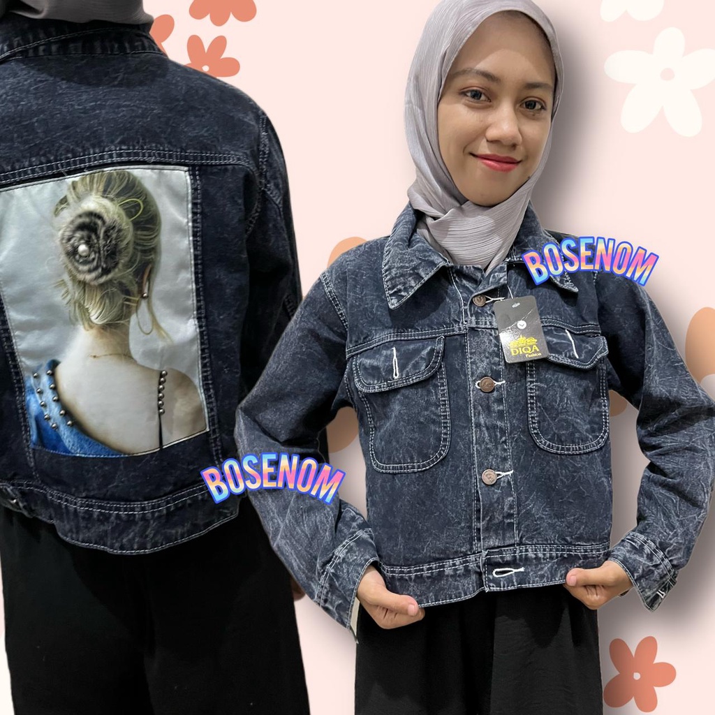 Jaket denim jeans wanita motif print belakang