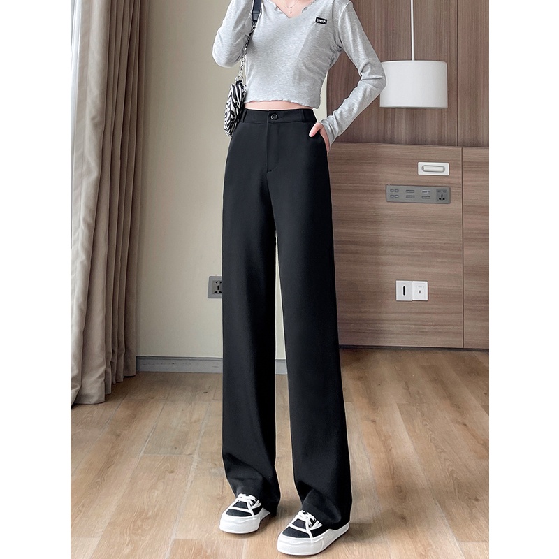 Hitam Highwaist Longgar Vertikal Celana Setelan Wanita Polos