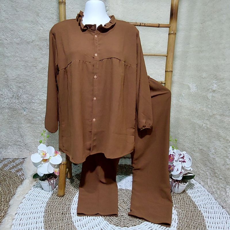 Stelan Wanita || One Set Crinkel Aurel Full Kancing Allsize