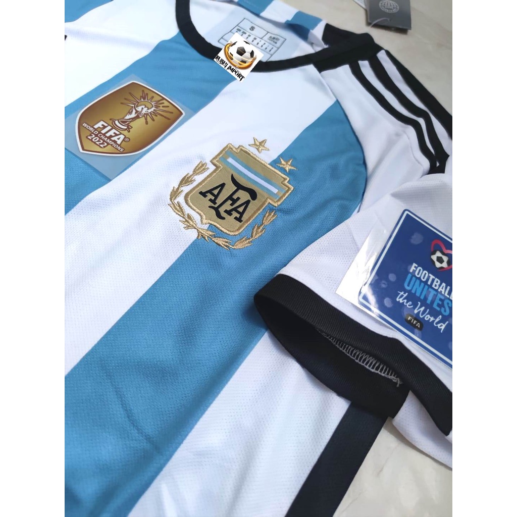 Jersey Baju Bola Argentina Home Bintang 2 Full Patch Piala Dunia World Cup 2022 Grade Ori