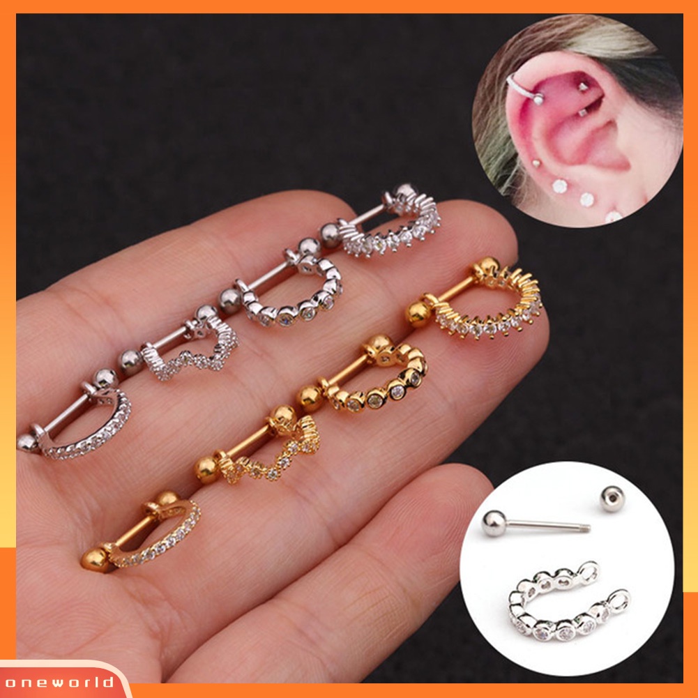 [oneworld] 1pc Cubic Zirconia U Bentuk Barbel Helix Hoop Earring Wanita Perhiasan Tindik