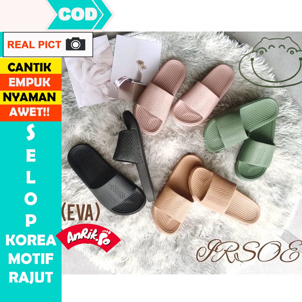 SANDAL WANITA CEWEK SLIP ON KOREA MOTIF RAJUT KOREAN STYLE ANDIN EMPUK SANTAI RUMAH RUMAHAN ANTI SLIP SELIP BAHAN KARET EVA