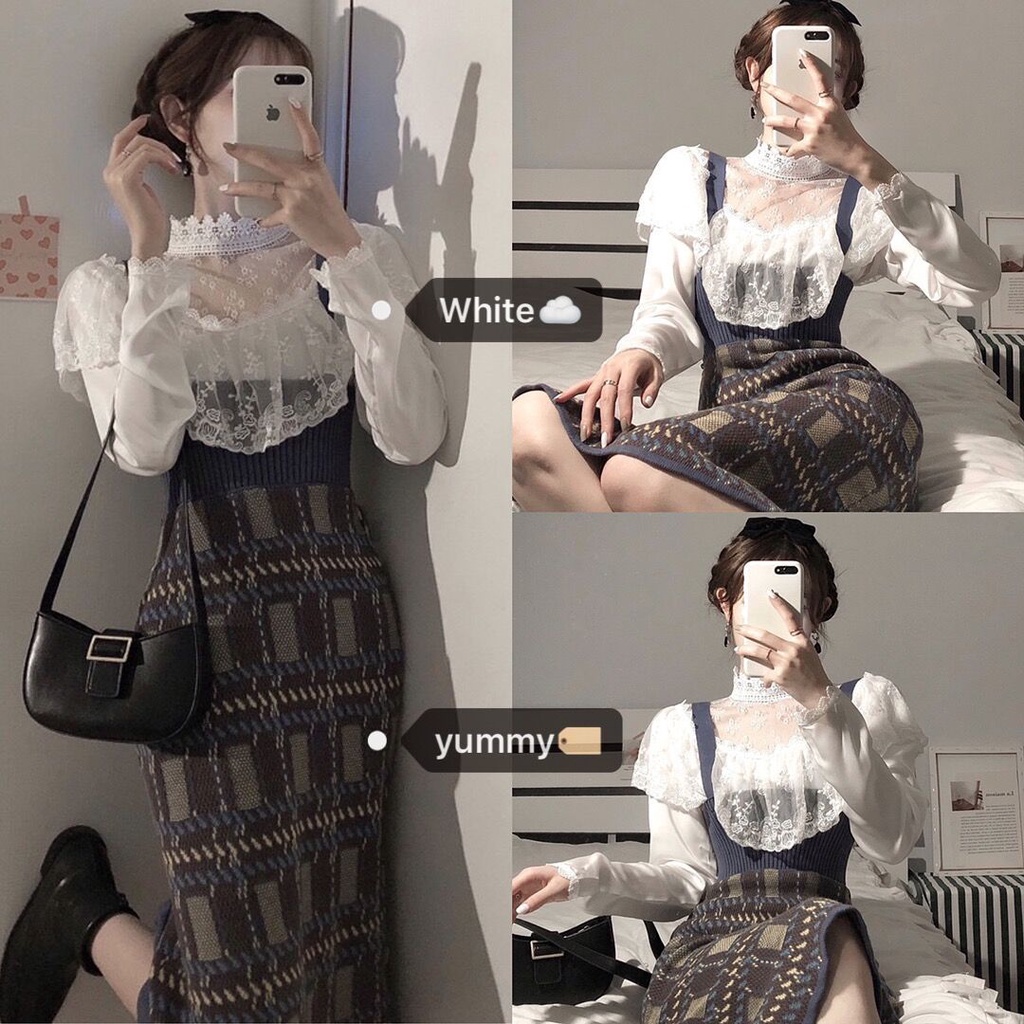 Red Setelan dua potong Chic retro pinggang tinggi celah rajutan jamur tidak teratur tas pinggul suspender rok kemeja lapangan