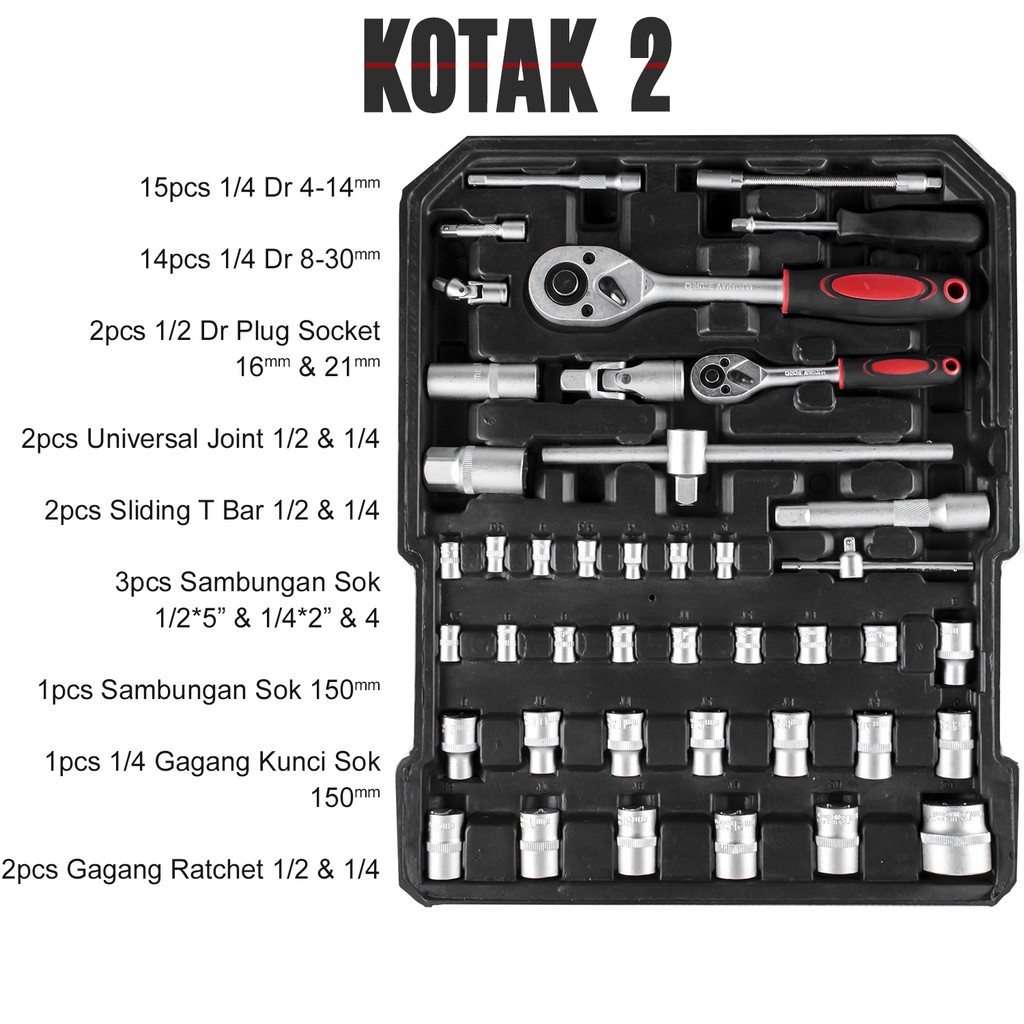 Tool Kit 187 PCS 1/2 1/4 Inci Kunci Set Socket Wrench Pas Sok Set Car Repair Tool Kunci Inggris Kunci Sok Set Perkakas Bengkel Dan Rumah Koper Lengkap Bahan Kuat Tool Box