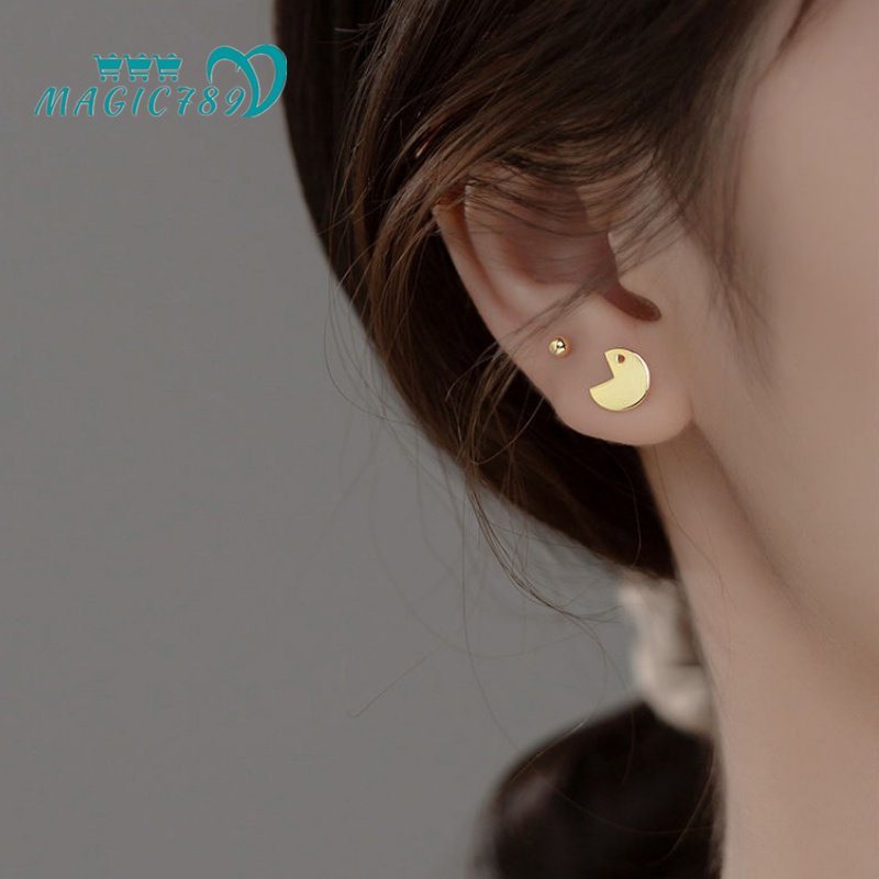 Magic789 3 Pcs Korea Emas Bola Kecil Pac-Man Stud Earrings Set Untuk Wanita Perempuan Lucu Hantu Kecil Anting-Anting Pakaian Sehari-Hari Telinga Perhiasan