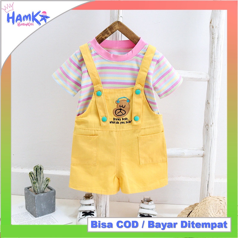 Baju Overall Bayi Perempuan 2in1 Pendek Strip Garis 6 12 Bulan