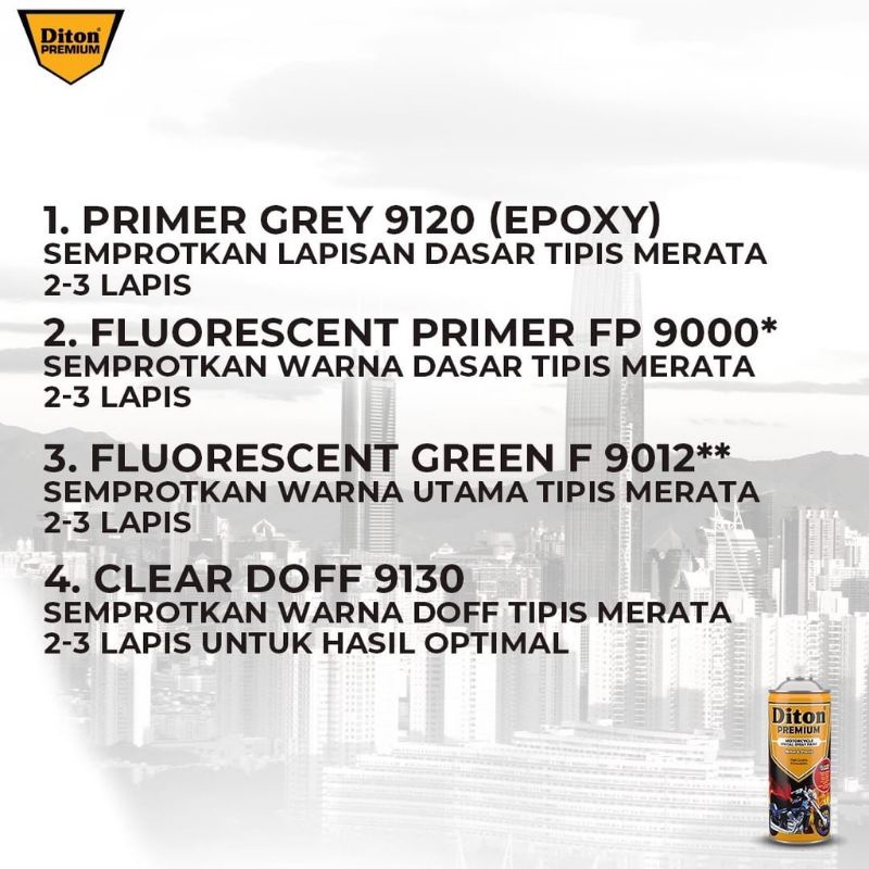 Pilox Pilok Diton Premium Fluorescent Green /Stabilo Hijau 9012 ** 400ml Cat Semprot Diton Premium Tahan Bensin Cepat kering