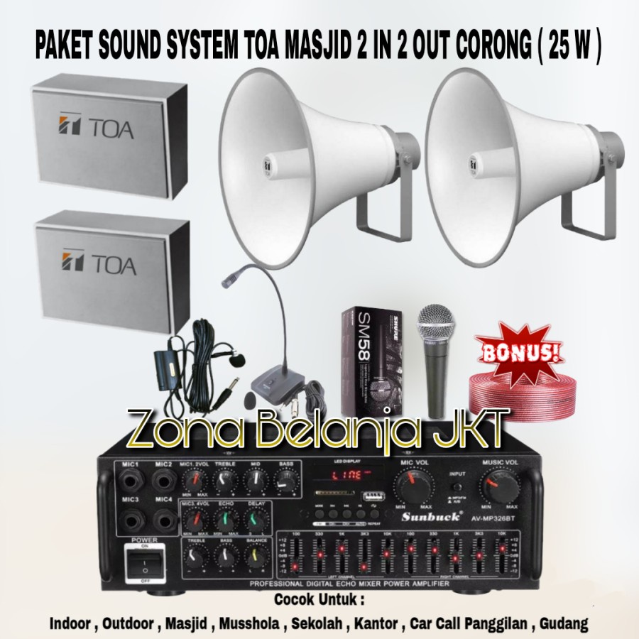 PAKET SOUND SYSTEM TOA MASJID MUSHOLLA 2 IN 2 OUT SPEAKER CORONG TOA 25W ( SET 4 )