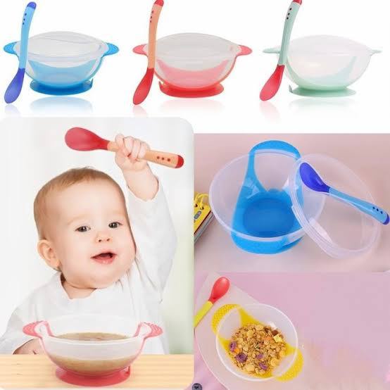 Mangkok Makan Bayi Anti Tumpah Dengan Tutup + Sendok Sensor Panas - Biru