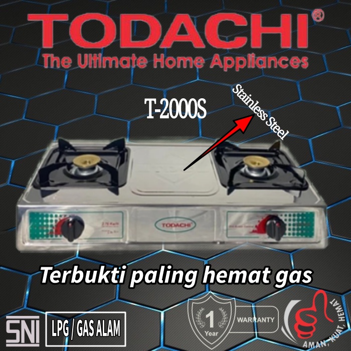 KOMPOR GAS 2 TUNGKU STAINLESS ( LPG / GAS ALAM ) MERK TODACHI T-2000S