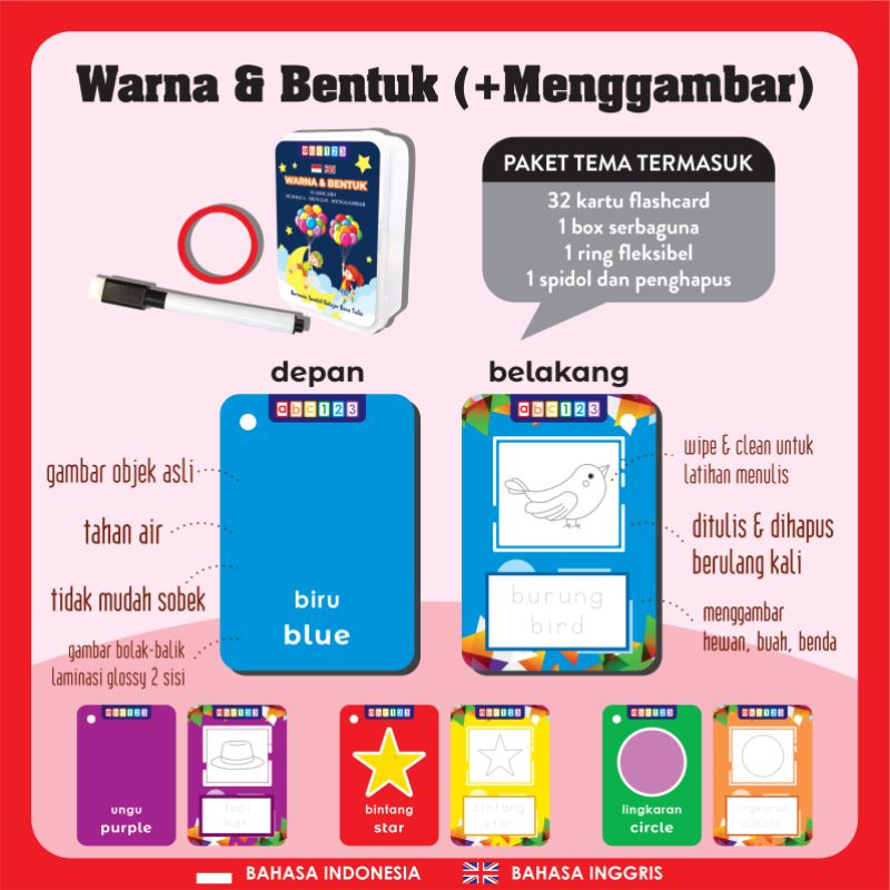 Flash Card WIPE and CLEAN ( bonus RING + SPIDOL + BOX SERBAGUNA ) Flashcard Mainan Edukasi Kartu Pintar Anak