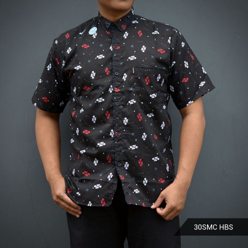 Hurley Kemeja Hitam Motif Pria Lengan Pendek Panjang Hem Atasan Pria Muslim Baju Koko Lebaran Kemeja