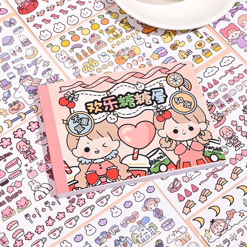 50 pcs Stiker Kawaii Set Stiker Bahan PET Stiker Akun Tangan DIY Stiker Dekorasi Hadiah Gadis