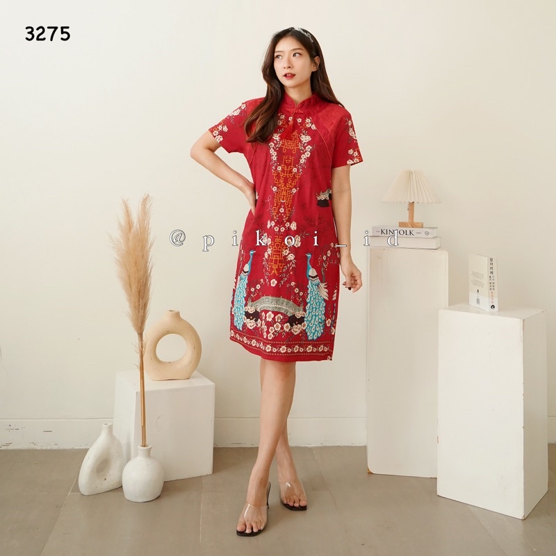 Dress Cheongsam Batik Merah CNY / Dress Congsam Qipao Sincia Katun Stretch / 3205 2866 3203