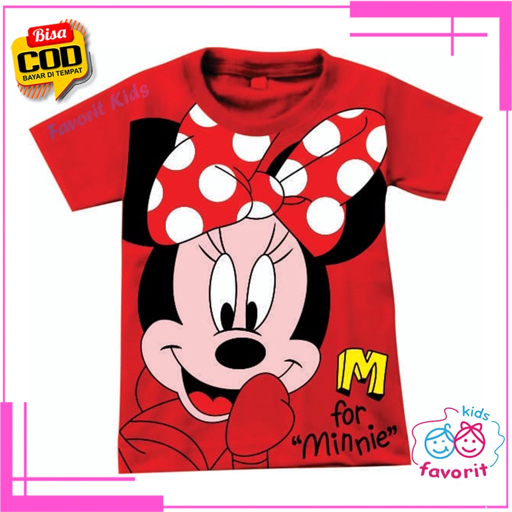 Baju kaos anak perempuan lengan pendek motif minnie pita usia 1-10 tahun