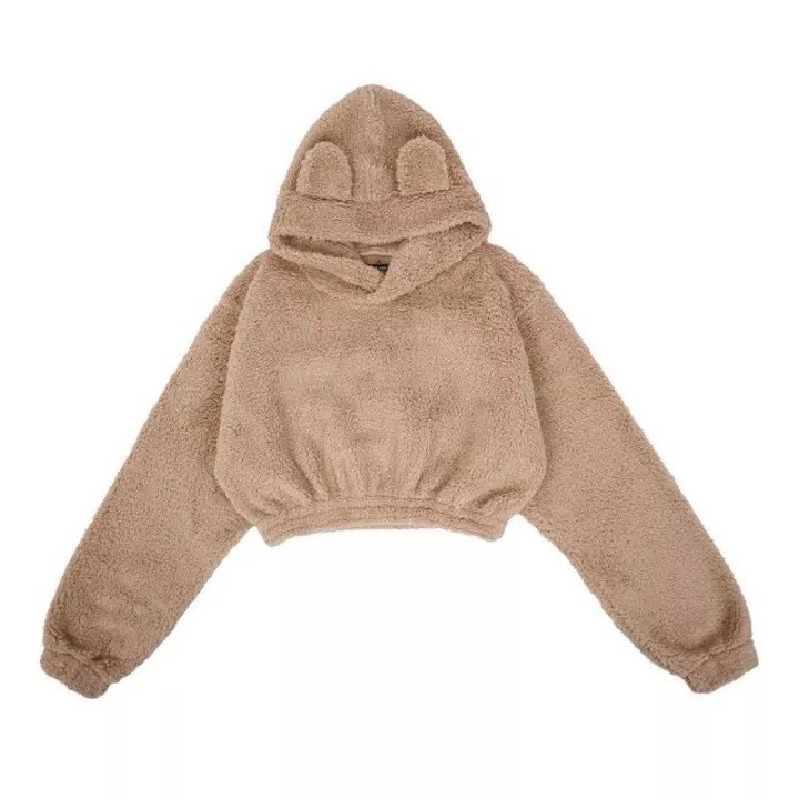 [NEW] Sweater Hoodie Crope Telinga Beruang Cute Sherpa Bulu Domba