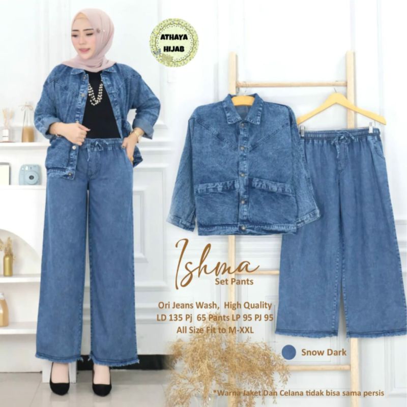 Setelan Wanita Kulot Jeans Jacket Jumbo LD 135 Ishma Set Pant By Athaya Hijab
