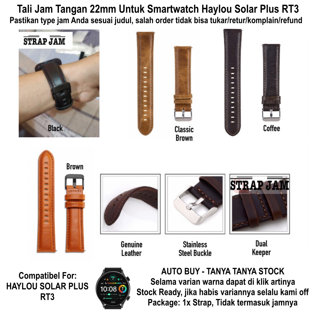 Genuine Leather Strap 22mm For Haylou Solar Plus RT3 - Tali Jam Tangan Kulit Premium