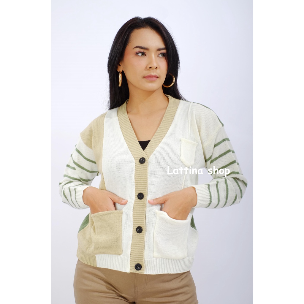 SOODAM CARDI / CARDIGAN RAJUT SAKU OVERSIZE MOTIF GARIS TANGAN/CARDIGAN KOREA WANITA TERBARU