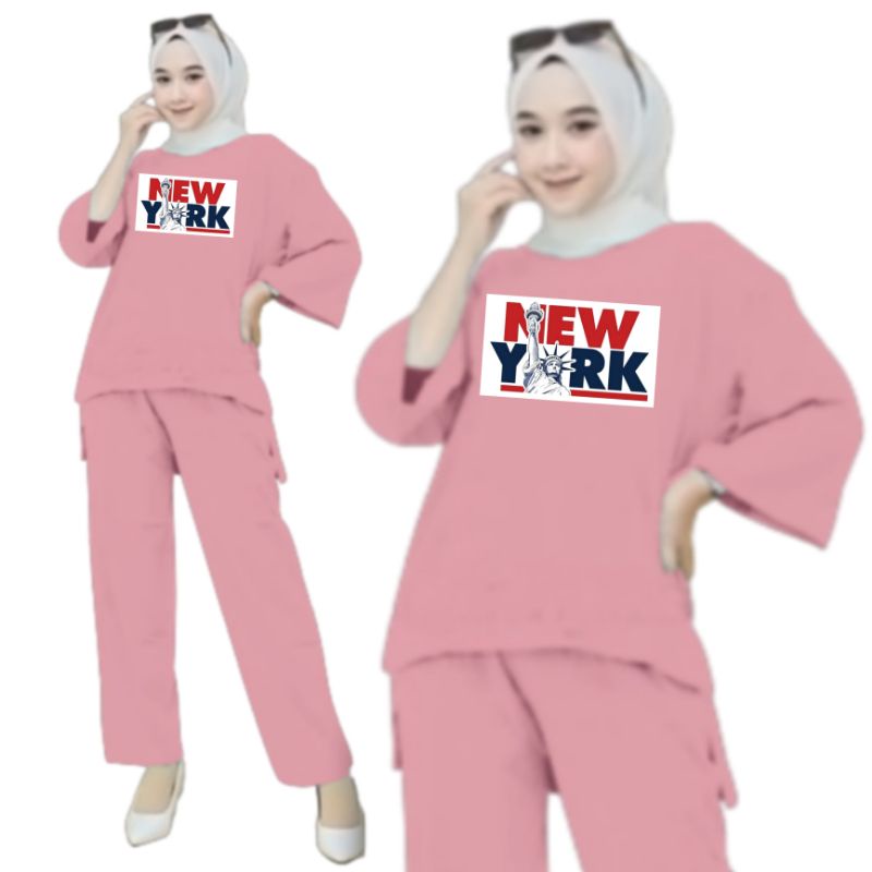 Setelan Kaos Wanita Dewasa Oversize Ld 130 cm Terbaru 2023 Viral Gambar DTF Bahan Kaos Babyterry Tangan 3/4 dan Celana Panjang One Set Wanita Dewasa Jumbo Kekinian Atasan Baju Wanita Dewasa Big Size Stelan Baju Wanita Santai Cewek NEW YORK