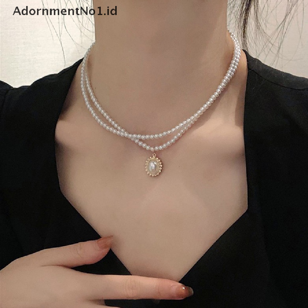 [AdornmentNo1] Kalung Liontin Kerah Mutiara Lapisan Ganda Elegan Perhiasan Wanita Choker [ID]