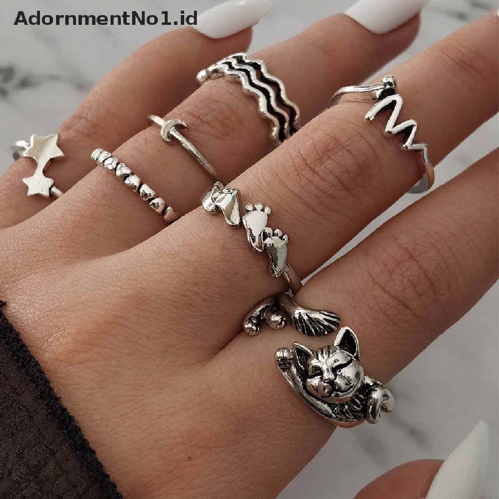 [AdornmentNo1] Tren Fashion Gaya Temperamen Perhiasan Kepribadian Perempuan Retro Alloy Ular Bulan Gosip Matahari Cincin Set [ID]