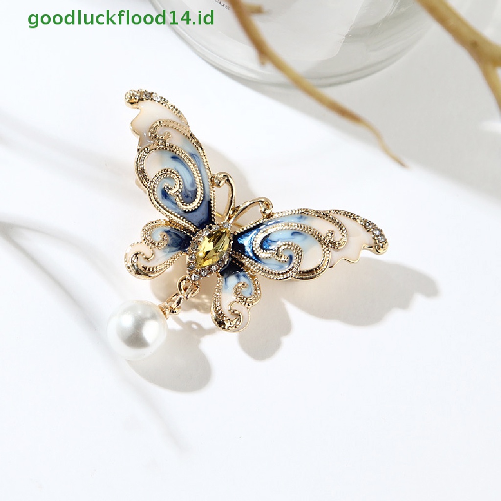 [GOOGFOUR] Fashion Wanita Kupu-Kupu Pin Berlian Imitasi Enamel Mutiara Serangga Bros Pin Perhiasan [TOP]