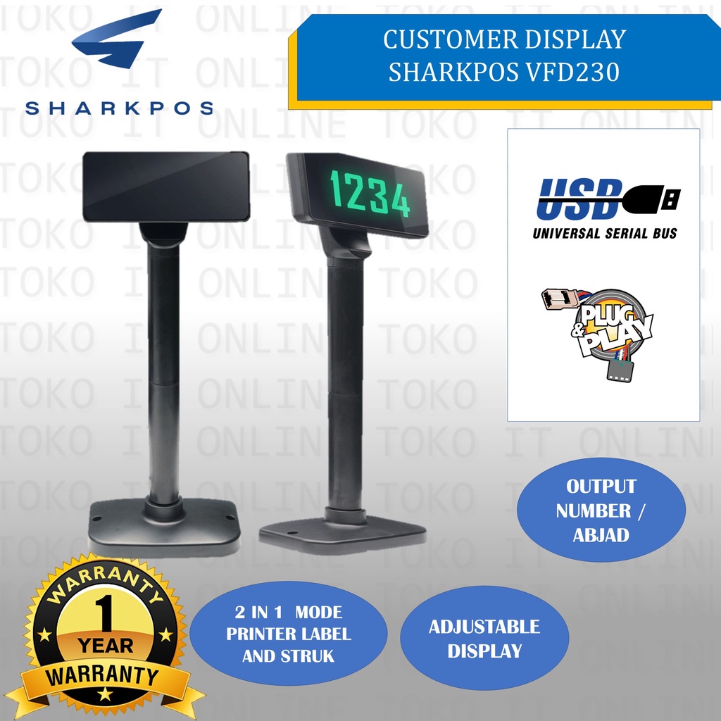 CUSTOMER DISPLAY SHARKPOS VFD230 / Layar Petunjuk Harga / VFD / USB / SHARKPOS VFD230