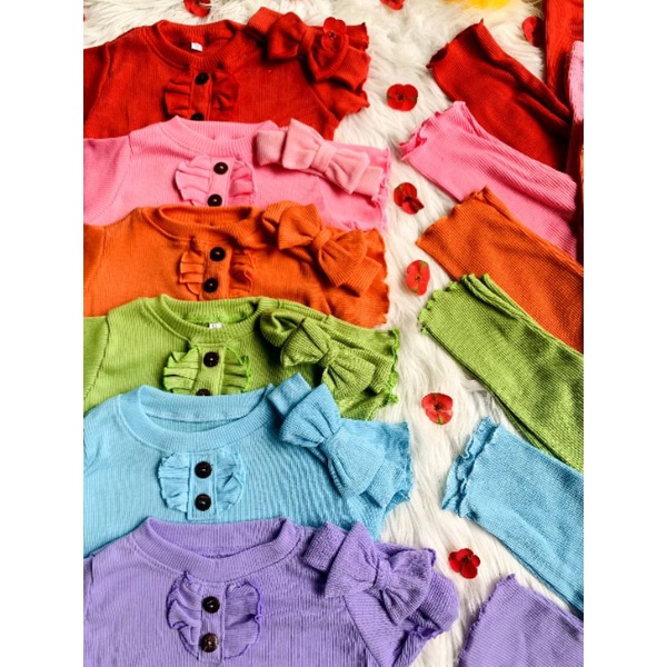 Baju Setelan Anak Perempuan Ruffle Knit + Bonus Bandana | Baju Oneset Ruffle Knit Tee Bahan Rib Knit Halus Dan Lembut