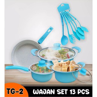 Rumah_kita2020 Panci Teflon 13 Set Gagang Anti Panas Anti Lengket Tebal Tahan Api Tutup Kaca Wajan Wok Pan Enamel Cookware Set Marble Non Stick Pan Non Sticky Panci Kenceng Penggorengan Milk Pan Panci set wajan enamel wajan kenceng kuali Menang Banyak