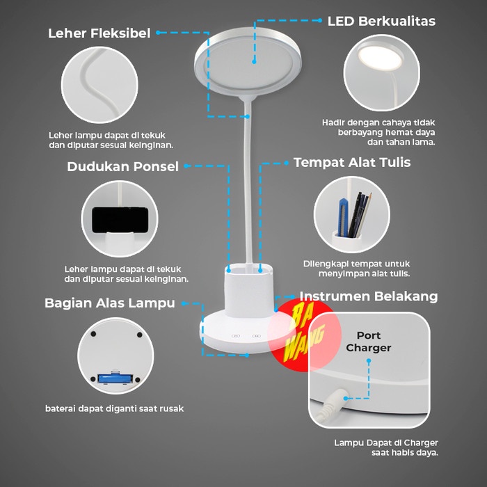 

Terlaris ✨ -Lampu Meja Belajar Baca Mini Holder Stand HP Tempat Pensil Lamp LED - Putih- 2.1.23