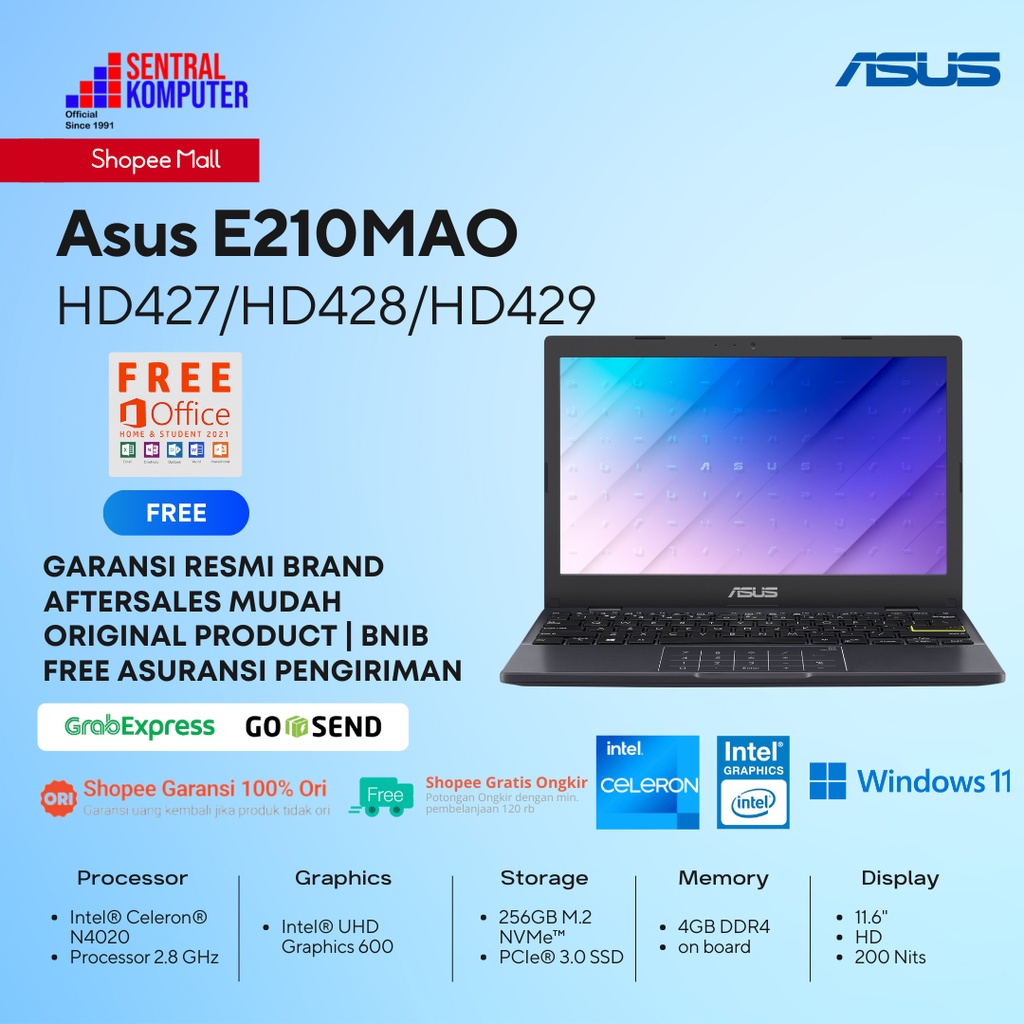 Asus E210MAO-HD427/HD428/HD429 Celeron N4020-4GB-256GB SSD-Win 11+OHS