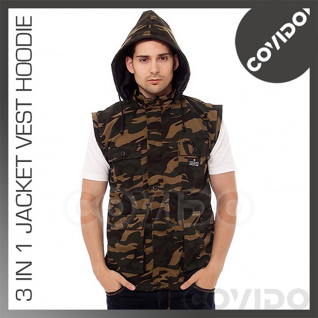 jaket pria Jaket Pria 3 in 1 Rompi Hoodie Parka Loreng Army Bahan Kanvas 3in1 - Hijau, Size M(V1T4) 