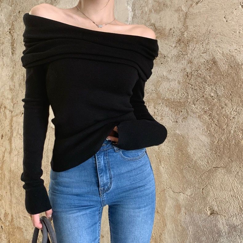 Red Keinginan murni untuk berhati-hati ji one-shoulder rajutan bottoming shirt wanita musim gugur dan musim dingin menebal desain sweater rasa atasan chic lengan panjang