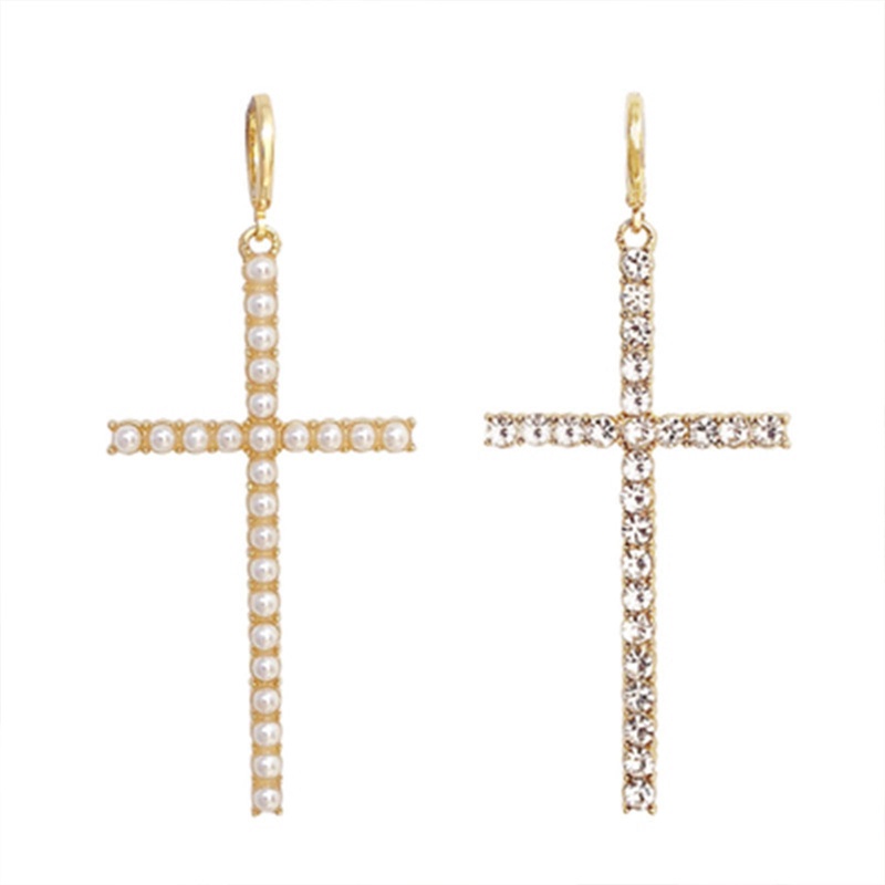Fashion Mutiara Anting Salib Untuk Wanita Retro Hip Hop Asimetris Liontin Anting Earrings Kepribadian Liburan Ulang Tahun Perhiasan