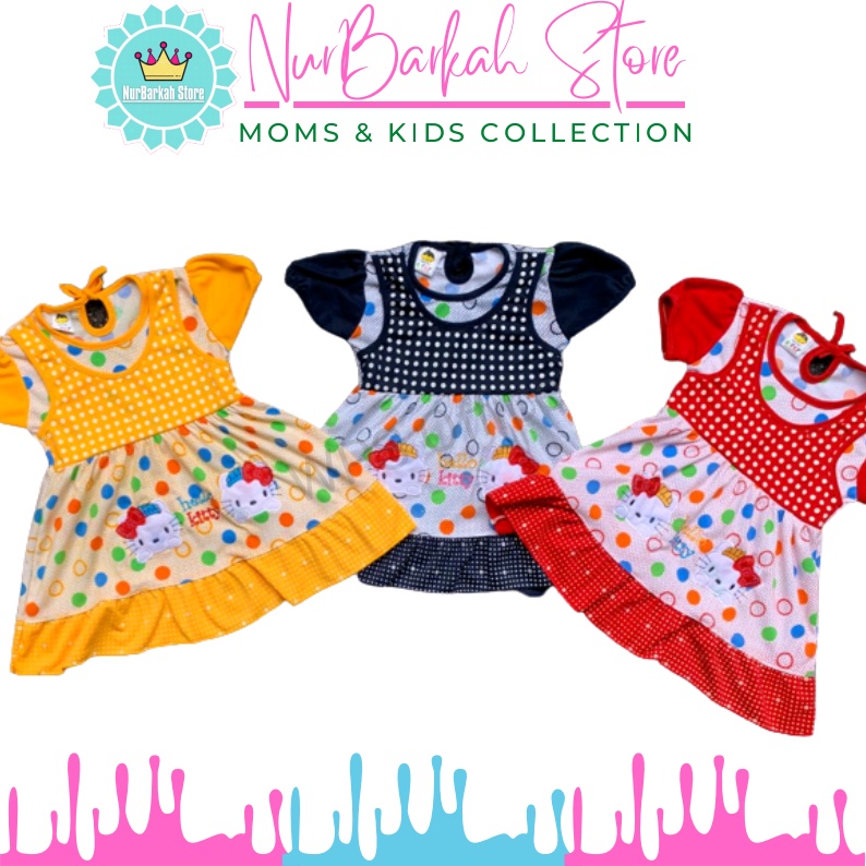 DRESS ANAK USIA 2-18 BULAN HELLOKITTY POLKADOT WARNA HITAM MERAH KUNING BIRU PERLENGKAPAN BAYI BARU 