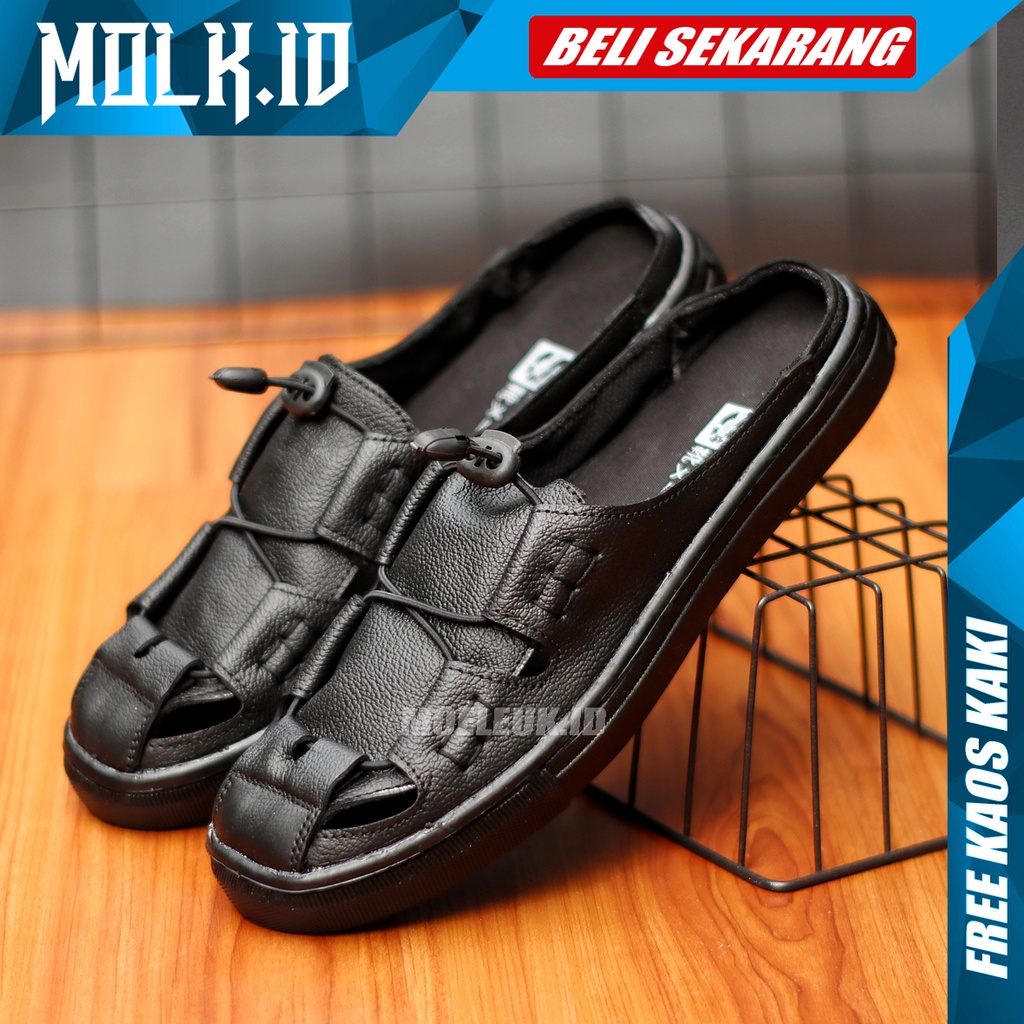 MOLK Sandal Pria Dewasa Kulit Asli Original Sendal Slop Cowok Casual Selop Hitam Simple Murah Tutong Bustong