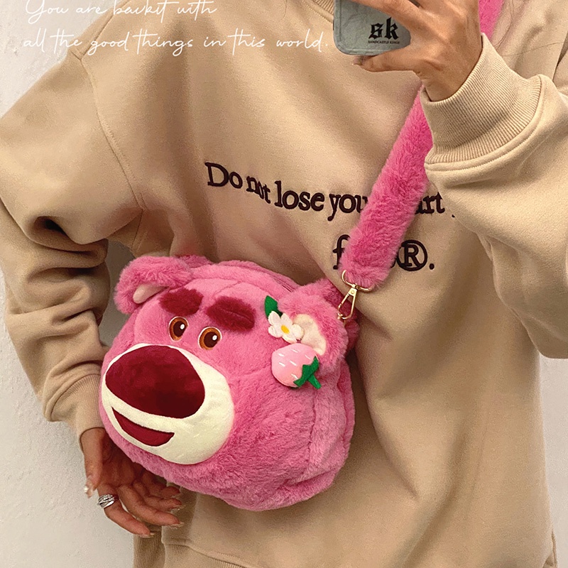 ™☒□Sera strawberry bear bag female 2022 new plush bag large capacity portable tote bag cute student commuting bag