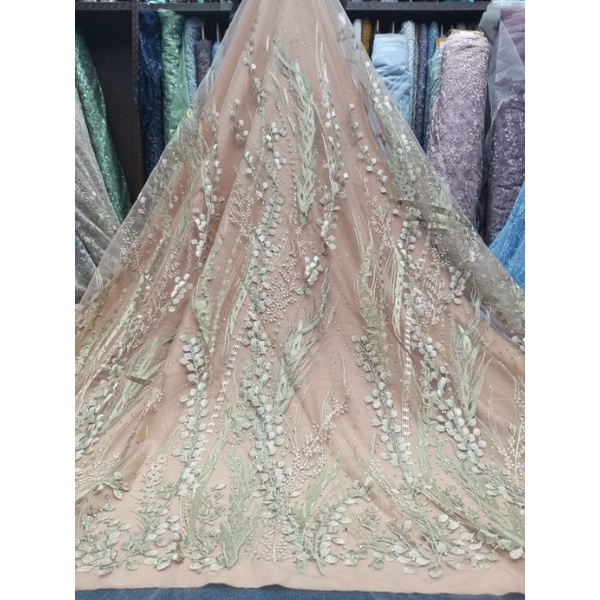 kain tille olive 3 tone/bahan brokat Kebaya pesta wisuda/brukat wedding/tille bordir