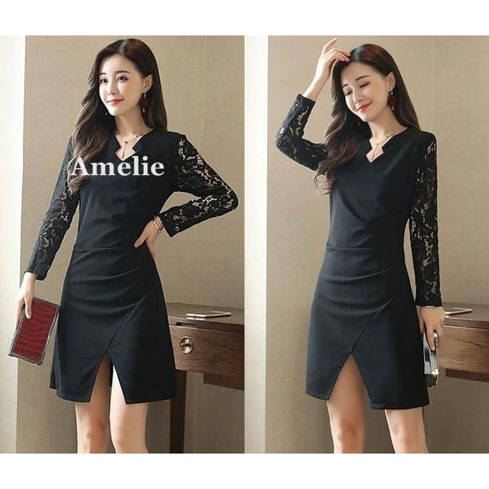 Mini Dress Lengan Panjang Gaun Pesta Brukat Lace Korea Import Black