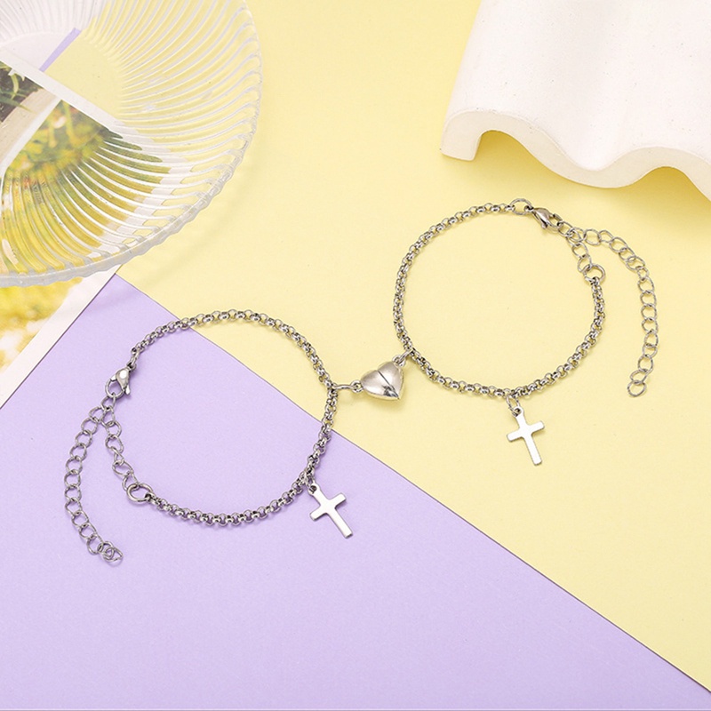 2pcs/set Gelang Salib Pasangan Magnet Rantai Stainless Steel Cinta Hati Magnet Unisex Pria Wanita Aksesoris Fashion