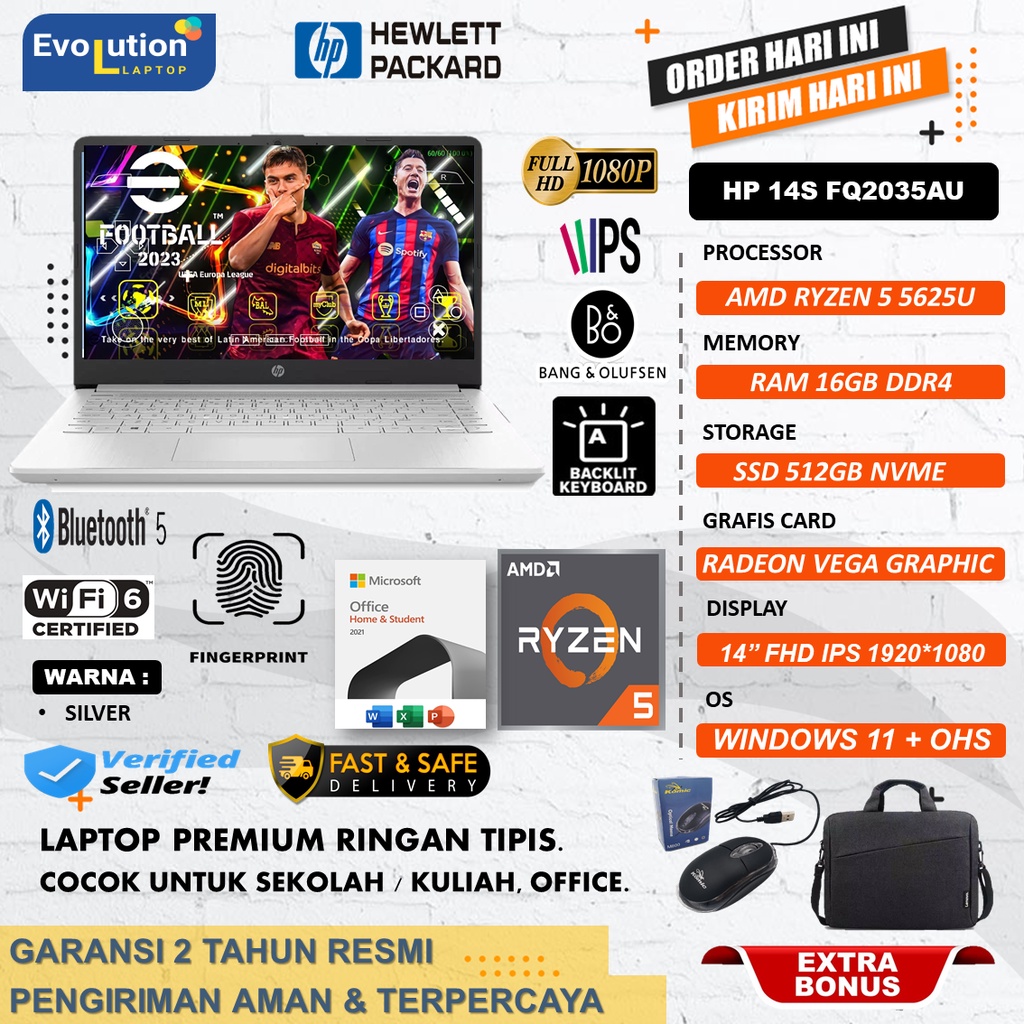 Laptop Gaming Desain HP 14S FQ2035AU AMD RYZEN 5 5625U Ram 16GB 512GB Ssd FHD IPS WIN11HOME + OHS SILVER