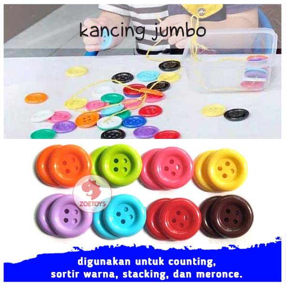Zoetoys Kancing Jumbo 3.5cm 2cm Tali | 16pcs Colorful Button Pastel Besar | Mainan Edukasi