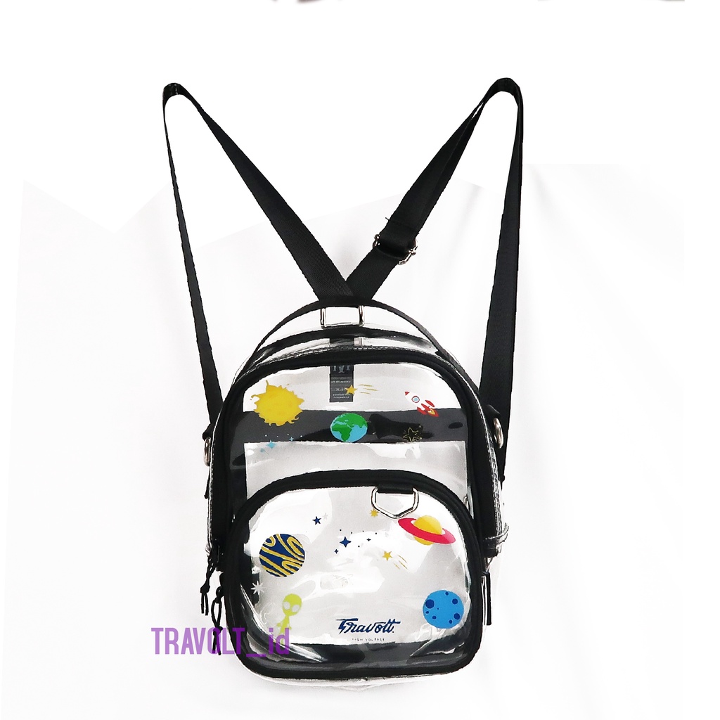 Premium Sling Bag 3 in1 - Tas Ransel Selempang PREMIUM Transparan motif Galaxy - TRAVOLT - Tas PVC Mika tebal - Tas Konser KPOP - black - Woong