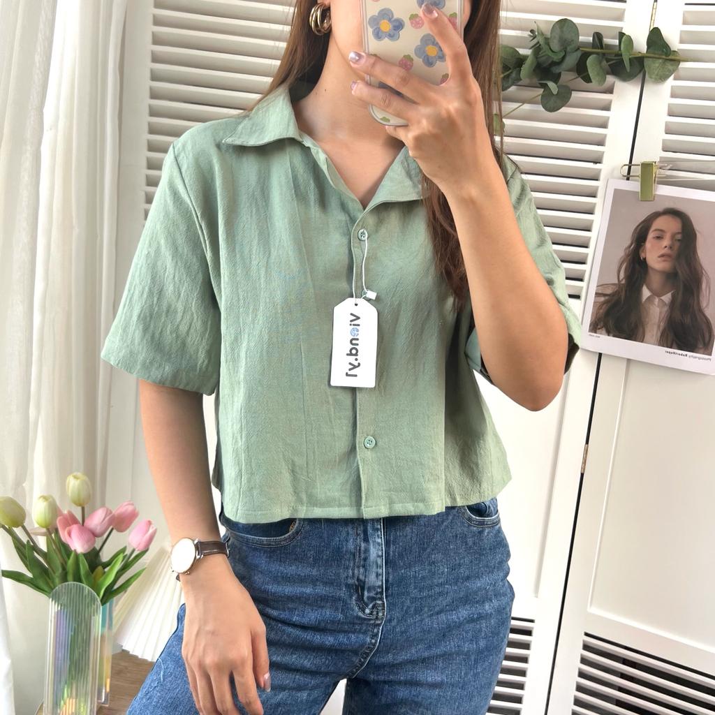 Blouse Polos Wanita Korea Terbaru / Atasan Cewek 142/crop Linen kemeja crop